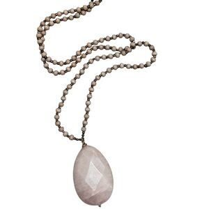 Natural Stone Pendant Necklace with Taupe Beaded Chain – Boho Neutral Statement